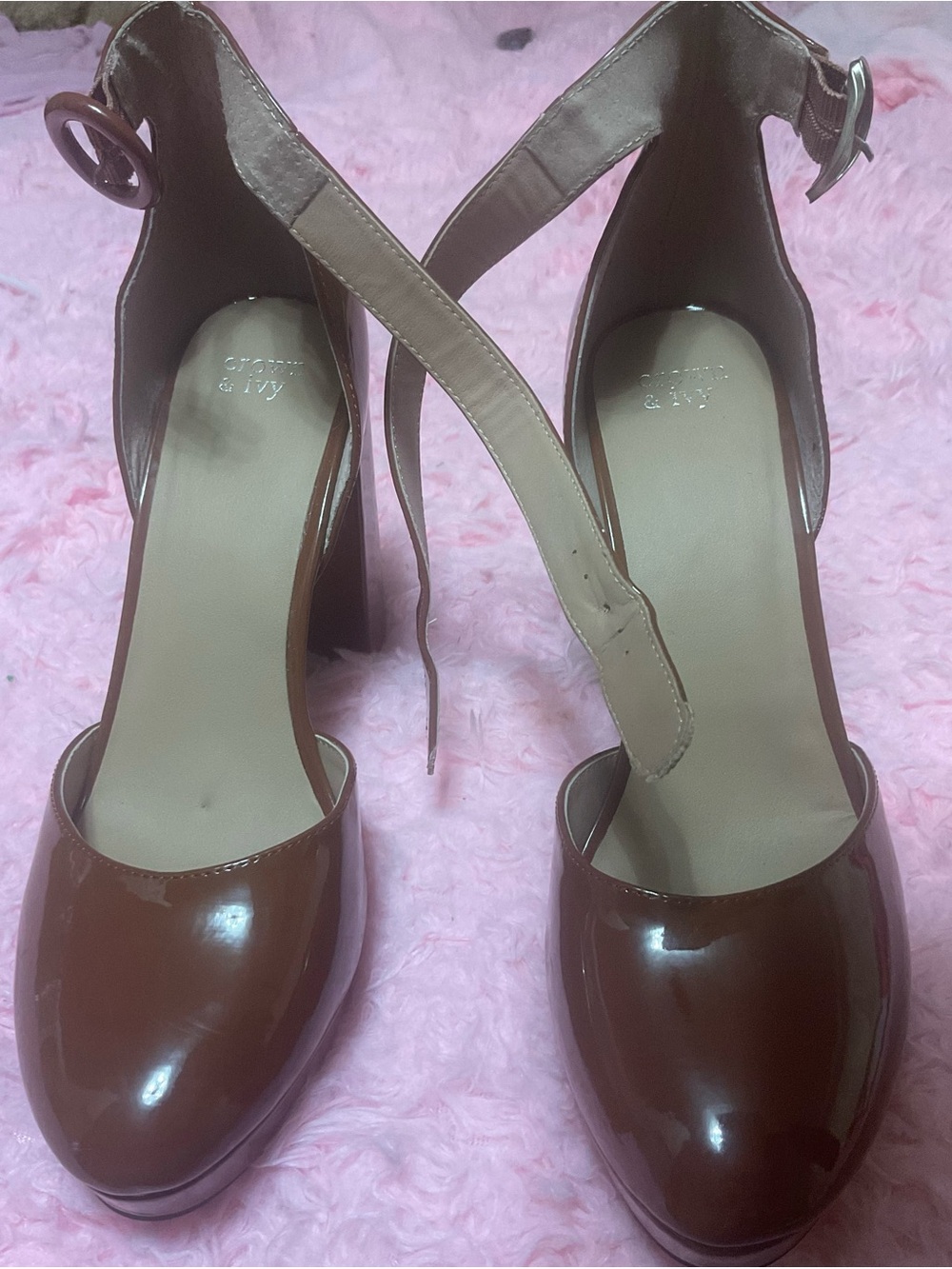 Crown and Ivy Brown Patent Platform Pumps with Ankle Strap